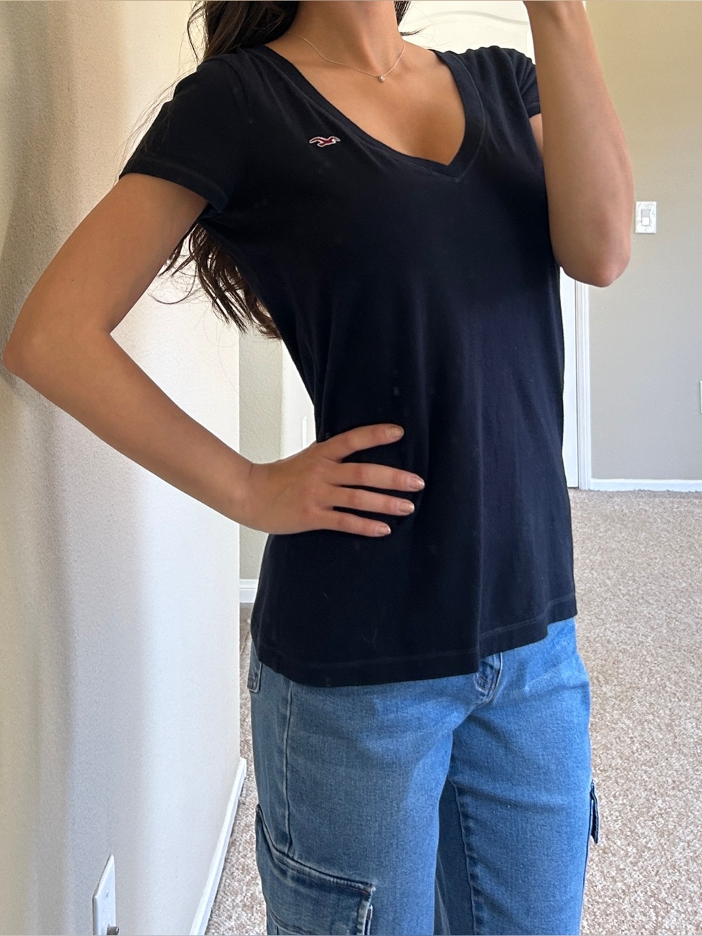 Hollister Navy Blue V-Neck Logo Tee